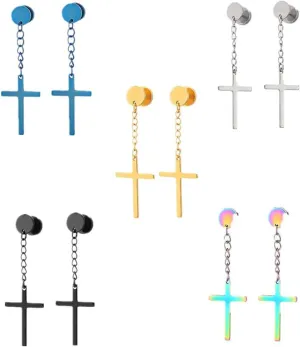 Religious Cross Dangle Tassel Earrings Set Stainless Steel Pierced Tunnel Gauges Studs Hanging Cross Earrings for Men Women