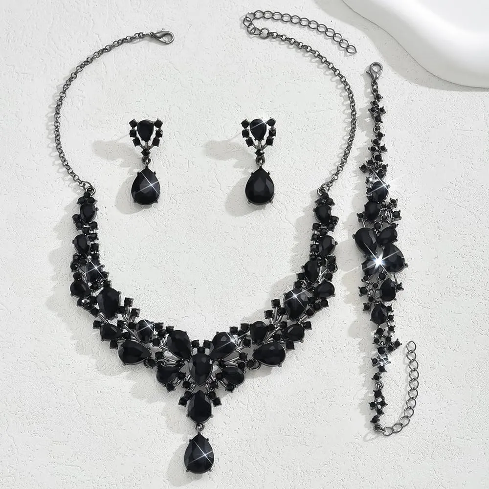Rhinestones Necklace Earrings Bracelet for Women Wedding Bridal Crystal Set Banquet Vintage Necklace