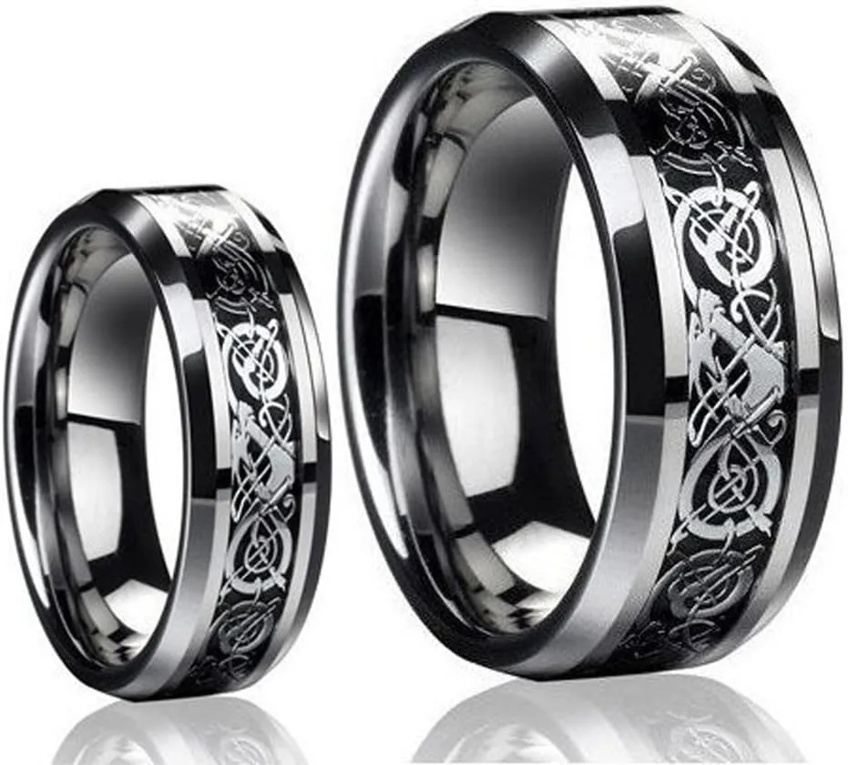 Ring for Men and Ring for Women His & Her's 8MM/6MM Tungsten Carbide Celtic Knot Dragon Design Carbon Fiber Inlay Wedding Band Ring Set Wedding Band Ring Ideal Rings for couples