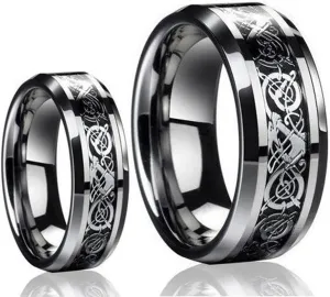 Ring for Men and Ring for Women His & Her's 8MM/6MM Tungsten Carbide Celtic Knot Dragon Design Carbon Fiber Inlay Wedding Band Ring Set Wedding Band Ring Ideal Rings for couples