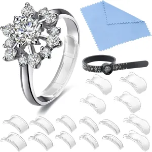 Ring Sizer Adjuster for Loose Rings, 8 Sizes 16 Pack, Invisible Ring Guards with Ring Sizer Measuring Tool for Women and Men, Ring Resizer for Tighten or Stop Avoid Fallen with Polishing Cloth