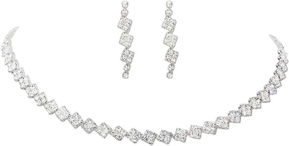 Rosemarie Collections Women's Square Pattern Crystal Rhinestone Strand Tennis Necklace Jewelry Gift Set, 14.5" 5" Extender