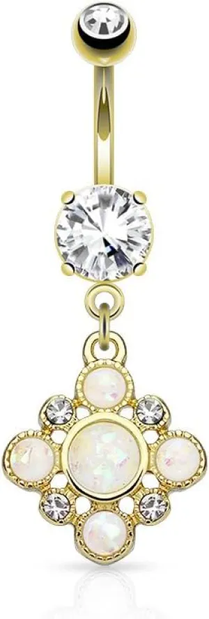 Round CZ Prong Set Opal Glitter Navel Ring 14G (Color: Gold)