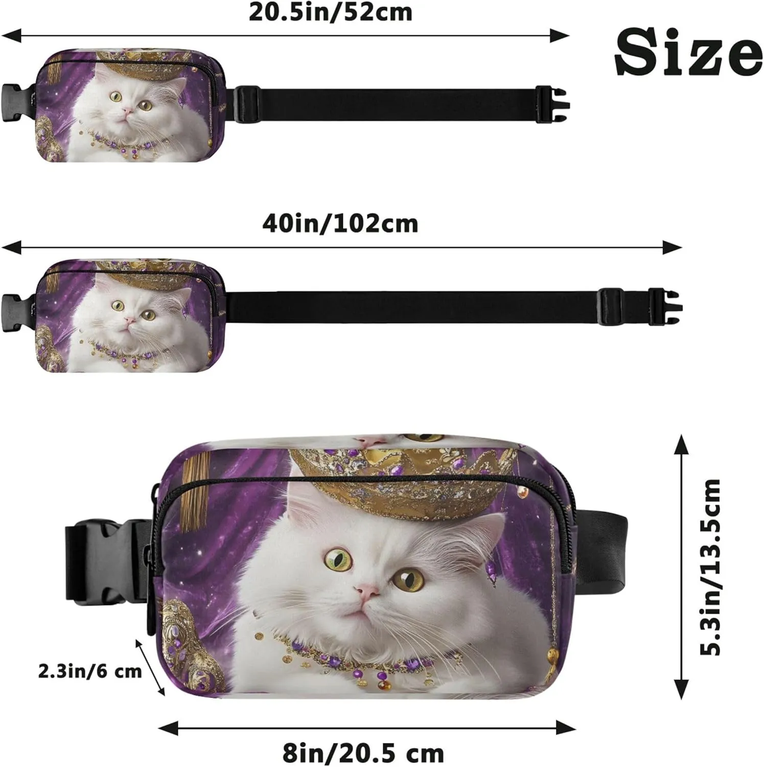 Royal White Cat Gold Crown Women Fanny Pack Waterproof Anti Theft Belt Bag Bright Colored Travel Waist Pouch
