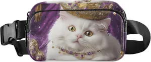 Royal White Cat Gold Crown Women Fanny Pack Waterproof Anti Theft Belt Bag Bright Colored Travel Waist Pouch