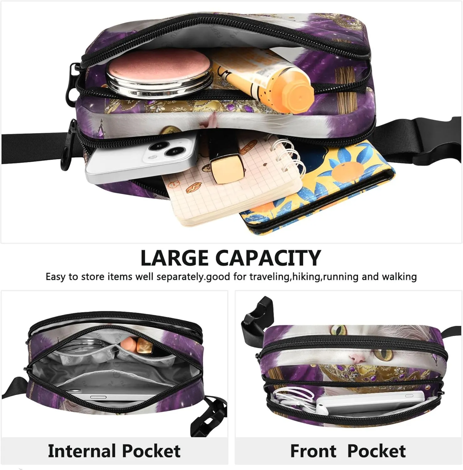 Royal White Cat Gold Crown Women Fanny Pack Waterproof Anti Theft Belt Bag Bright Colored Travel Waist Pouch