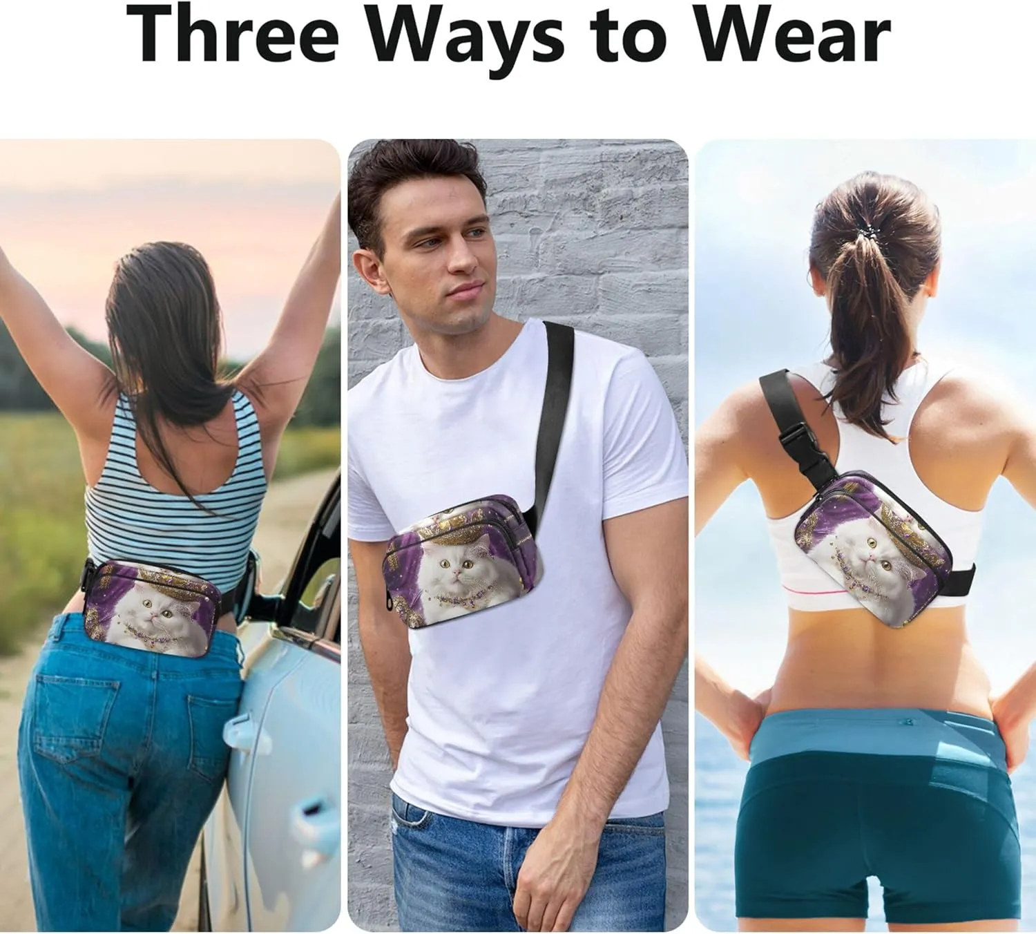 Royal White Cat Gold Crown Women Fanny Pack Waterproof Anti Theft Belt Bag Bright Colored Travel Waist Pouch
