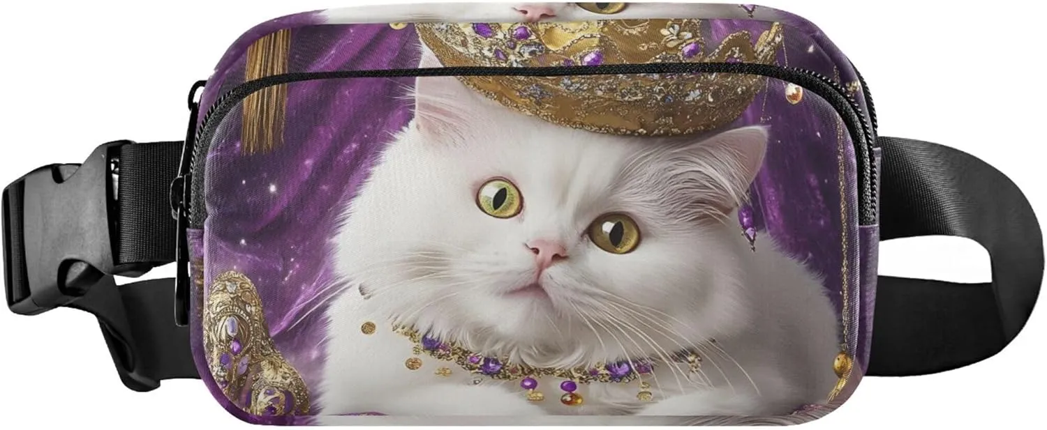 Royal White Cat Gold Crown Women Fanny Pack Waterproof Anti Theft Belt Bag Bright Colored Travel Waist Pouch