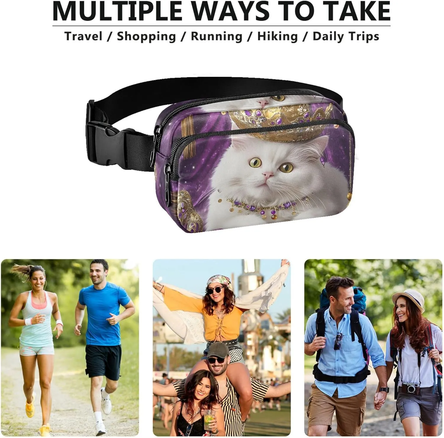 Royal White Cat Gold Crown Women Fanny Pack Waterproof Anti Theft Belt Bag Bright Colored Travel Waist Pouch
