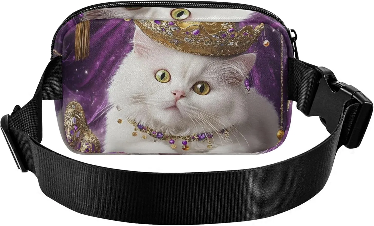 Royal White Cat Gold Crown Women Fanny Pack Waterproof Anti Theft Belt Bag Bright Colored Travel Waist Pouch