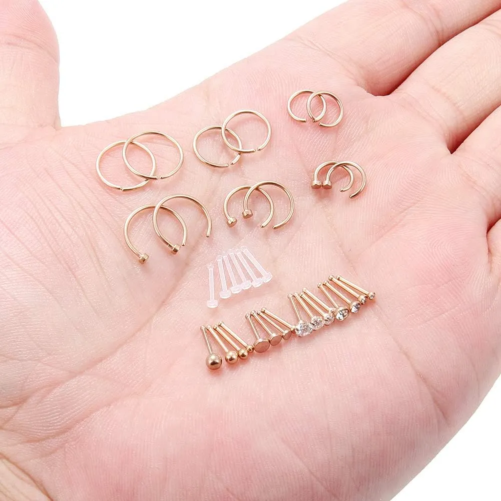 Ruifan 20G 18G Surgical Steel 1.5mm-3mm Flat Ball Clear Diamond CZ Nose Stud Rings Bone Pin Piercing Jewelry 16-34PCS