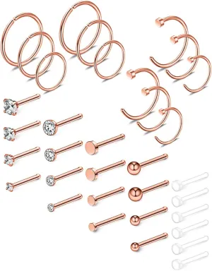 Ruifan 20G 18G Surgical Steel 1.5mm-3mm Flat Ball Clear Diamond CZ Nose Stud Rings Bone Pin Piercing Jewelry 16-34PCS