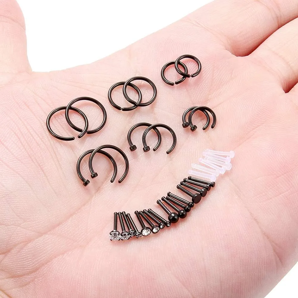 Ruifan 20G 18G Surgical Steel 1.5mm-3mm Flat Ball Clear Diamond CZ Nose Stud Rings Bone Pin Piercing Jewelry 16-34PCS