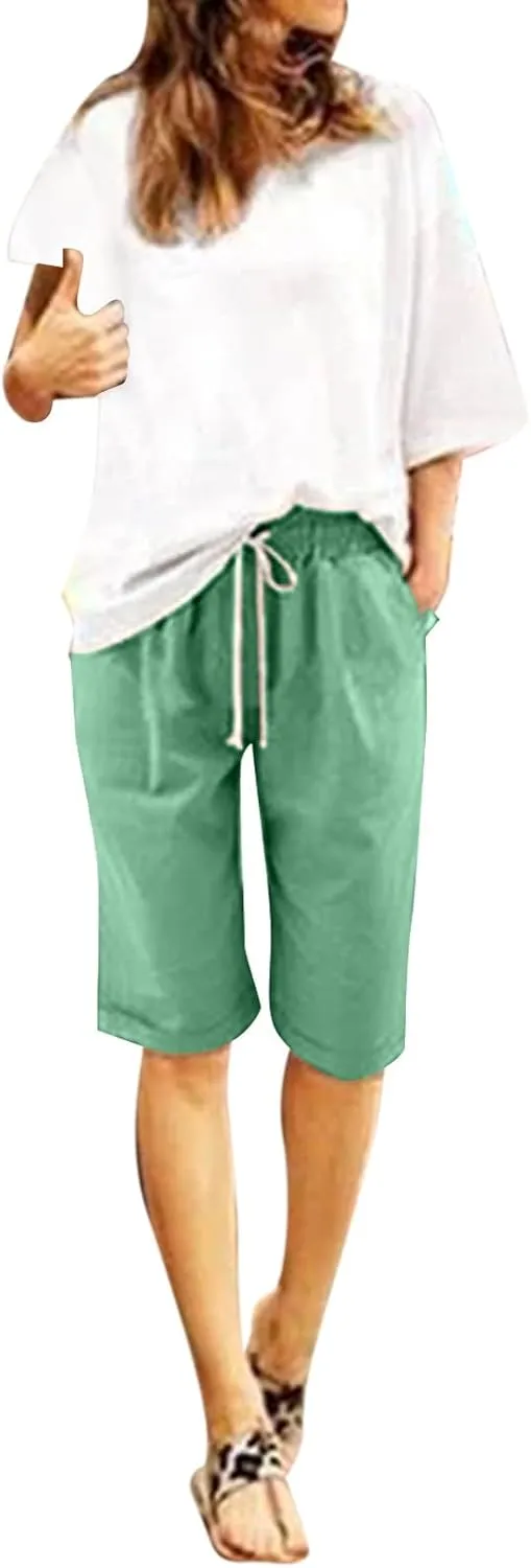 Rvidbe Cotton Linen Shorts for Women Knee Length Women's Loose Fit Bermuda Shorts Elastic Waist Casual Summer Shorts Pants