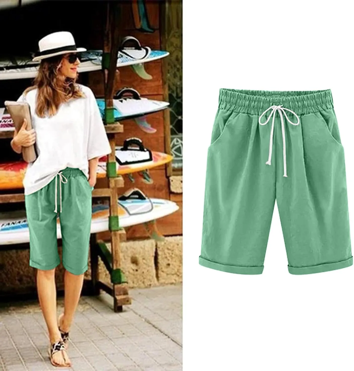Rvidbe Cotton Linen Shorts for Women Knee Length Women's Loose Fit Bermuda Shorts Elastic Waist Casual Summer Shorts Pants