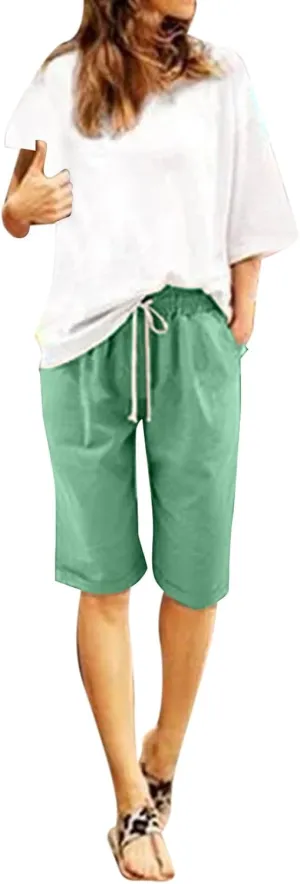 Rvidbe Cotton Linen Shorts for Women Knee Length Women's Loose Fit Bermuda Shorts Elastic Waist Casual Summer Shorts Pants