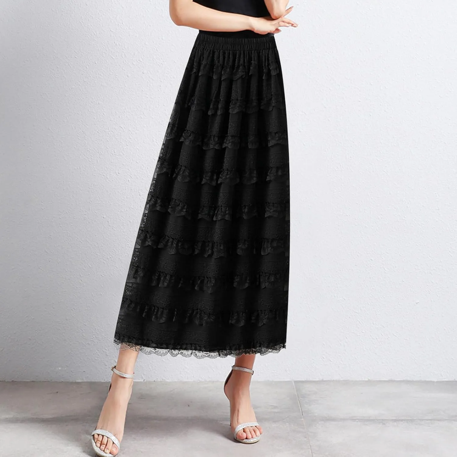 Rvidbe Lace Maxi Skirts for Women Summer Casual Elastic Waist A-Line Pleated Layered Long Skirt Flowy Tiered Tulle Skirts