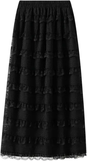 Rvidbe Lace Maxi Skirts for Women Summer Casual Elastic Waist A-Line Pleated Layered Long Skirt Flowy Tiered Tulle Skirts