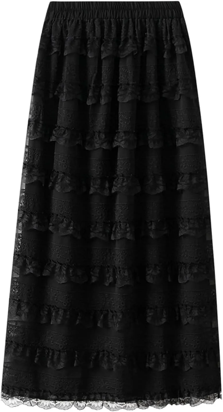 Rvidbe Lace Maxi Skirts for Women Summer Casual Elastic Waist A-Line Pleated Layered Long Skirt Flowy Tiered Tulle Skirts