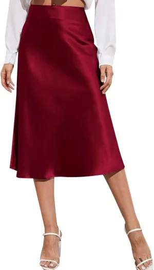 Rvidbe Women's Elastic High Waisted Midi Skirts Summer Dressy Casual Work Office Flowy A-Line Flared Stain Long Skirts