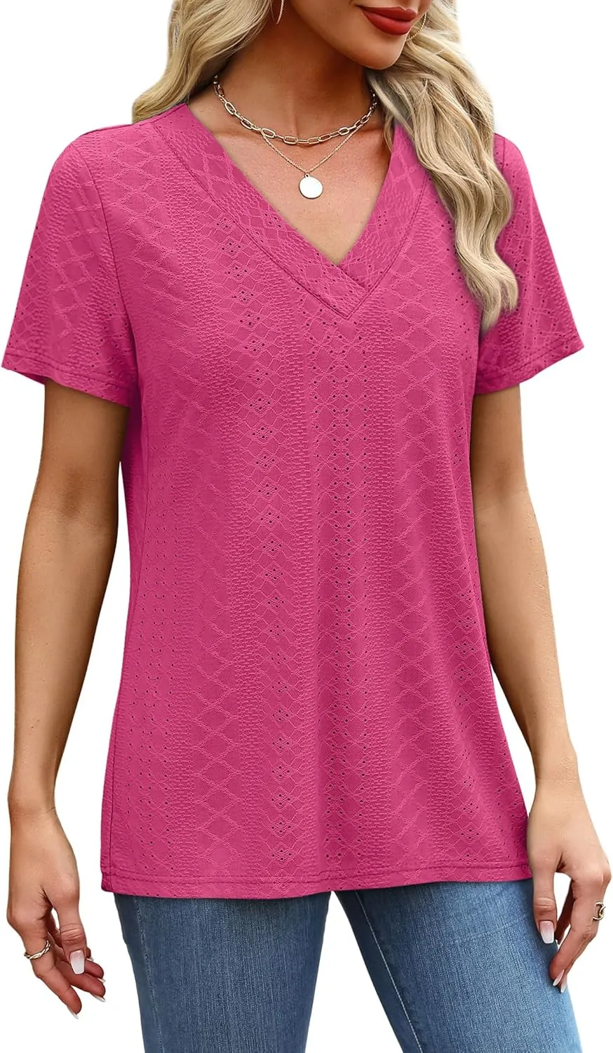 SAMPEEL Womens Summer Tops Trendy 2025 Eyelet Crossed V Neck T Shirts Loose Casual Short Sleeve Tshirts Shirts Fashion