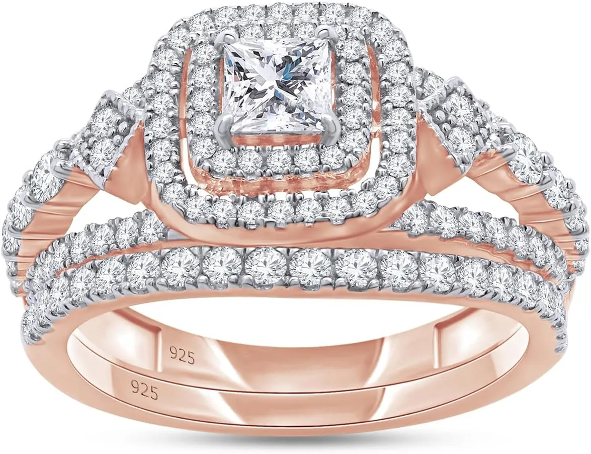 SAVEARTH DIAMONDS 1 1/10 Carat (ctw) Lab Created Moissanite & Lab Grown Diamond Halo Wedding Bridal Ring Set In 14K Gold Over 925 Sterling Silver (1.10 Ctw), Gift For Her