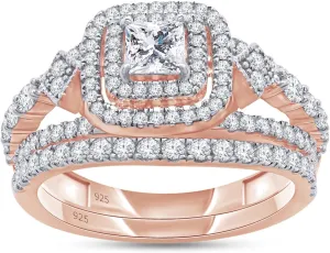 SAVEARTH DIAMONDS 1 1/10 Carat (ctw) Lab Created Moissanite & Lab Grown Diamond Halo Wedding Bridal Ring Set In 14K Gold Over 925 Sterling Silver (1.10 Ctw), Gift For Her