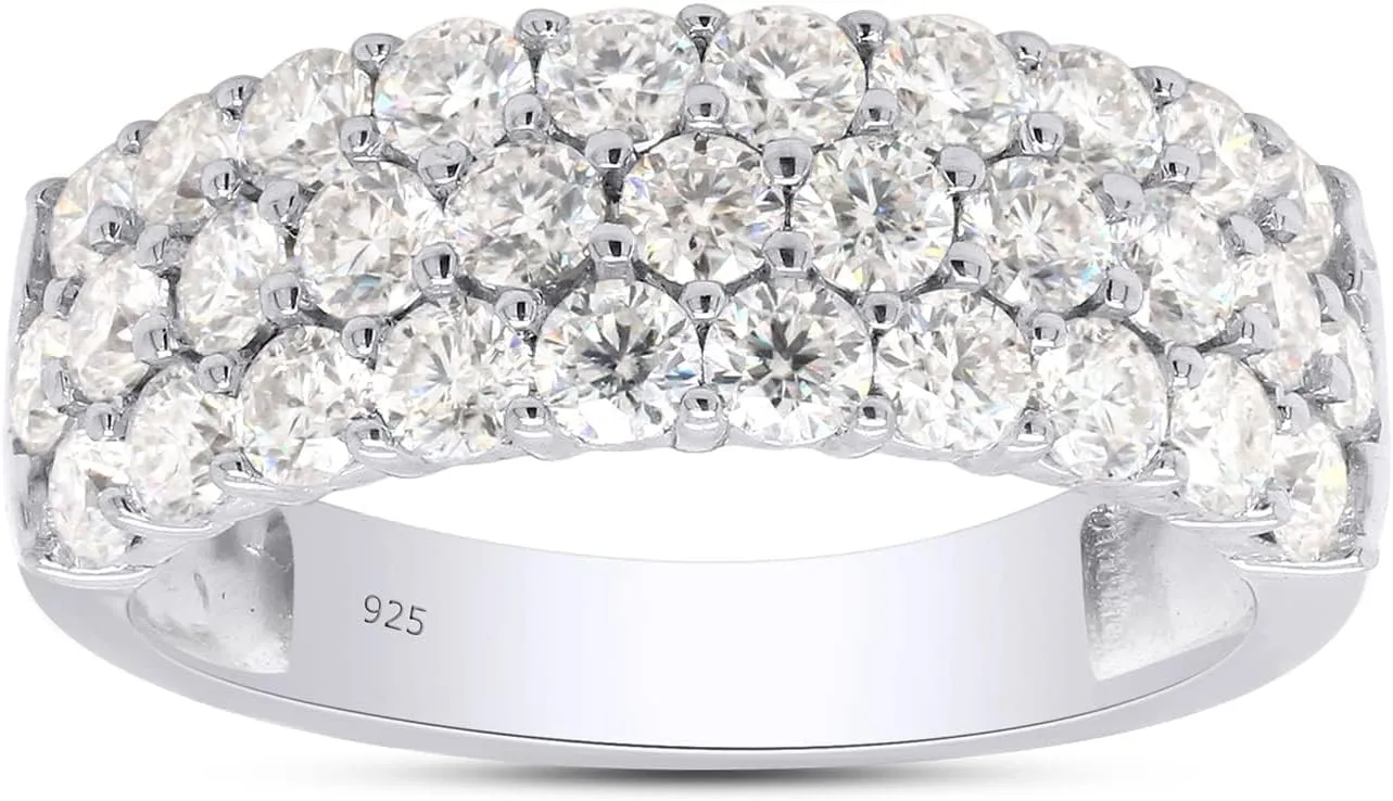 SAVEARTH DIAMONDS 1 1/2 Ctw Lab Created Moissanite & Lab Grown Diamond 3-Row Half Eternity Anniversary Band Ring For Women In 14K Gold Plated Sterling Silver (1.50 Cttw), Gift For Her