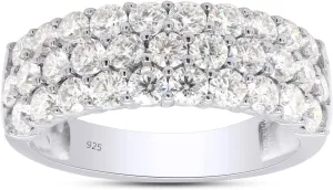 SAVEARTH DIAMONDS 1 1/2 Ctw Lab Created Moissanite & Lab Grown Diamond 3-Row Half Eternity Anniversary Band Ring For Women In 14K Gold Plated Sterling Silver (1.50 Cttw), Gift For Her