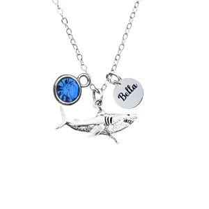 Shark Jewelry, Personalized Shark Charm Necklace, Custom Engraved Tag & Birthstone Shark Pendant, Shark Gift