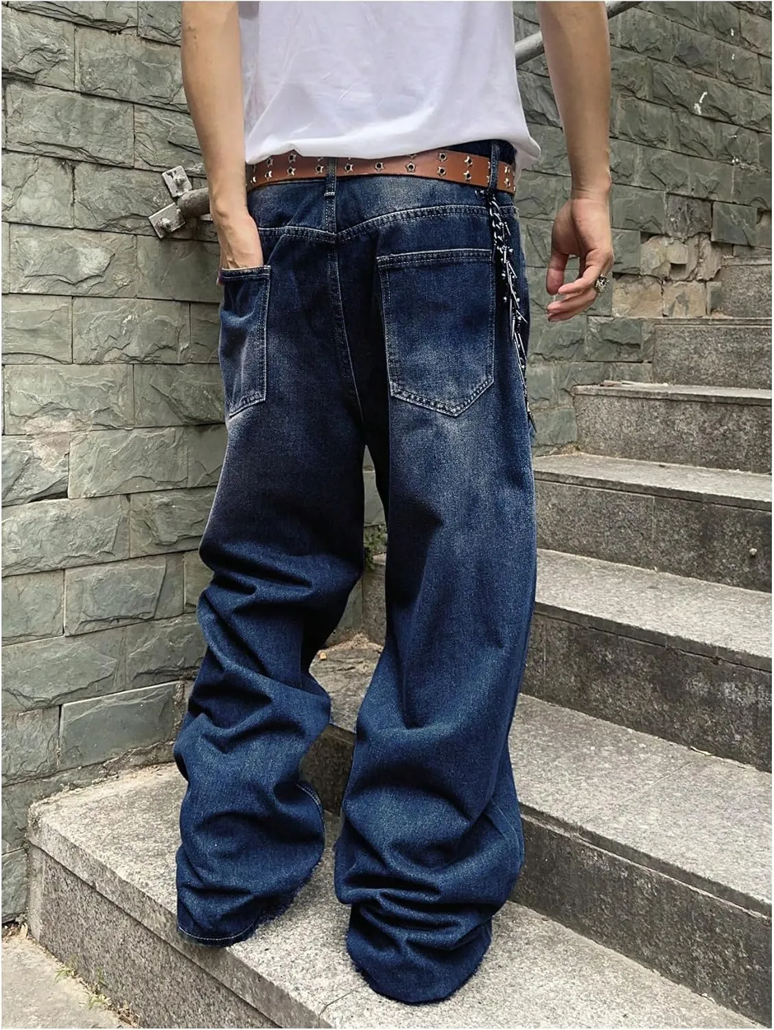 SHENHE Men's Wide Leg Jeans Vintage Baggy Jeans Casual Loose Fit Denim Pants with Pockets