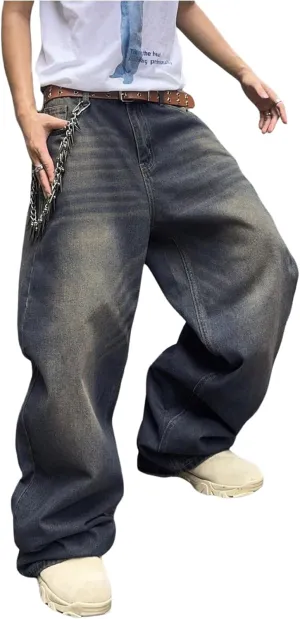 SHENHE Men's Wide Leg Jeans Vintage Baggy Jeans Casual Loose Fit Denim Pants with Pockets