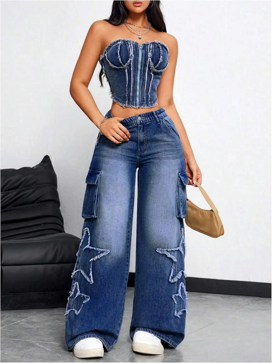 SHENHE Women's Low Waisted Wide Leg Cargo Jeans Star Denim Pants Loose Y2k Baggy Jeans Streetwear