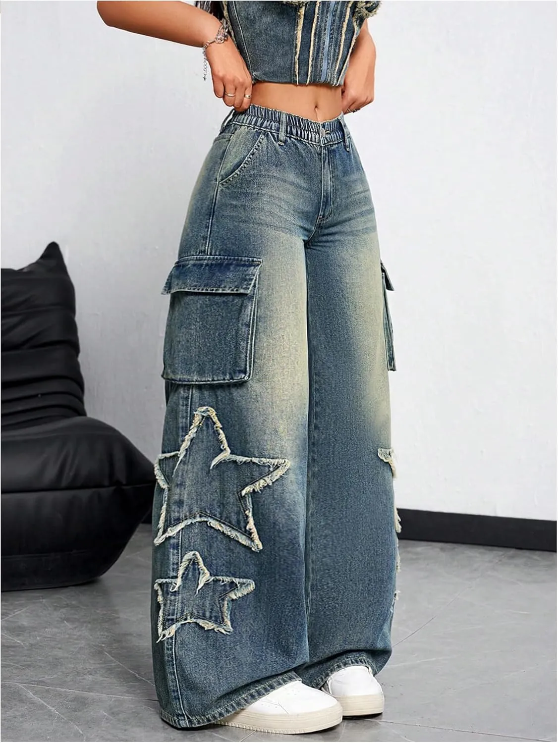 SHENHE Women's Low Waisted Wide Leg Cargo Jeans Star Denim Pants Loose Y2k Baggy Jeans Streetwear