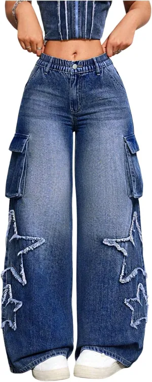 SHENHE Women's Low Waisted Wide Leg Cargo Jeans Star Denim Pants Loose Y2k Baggy Jeans Streetwear