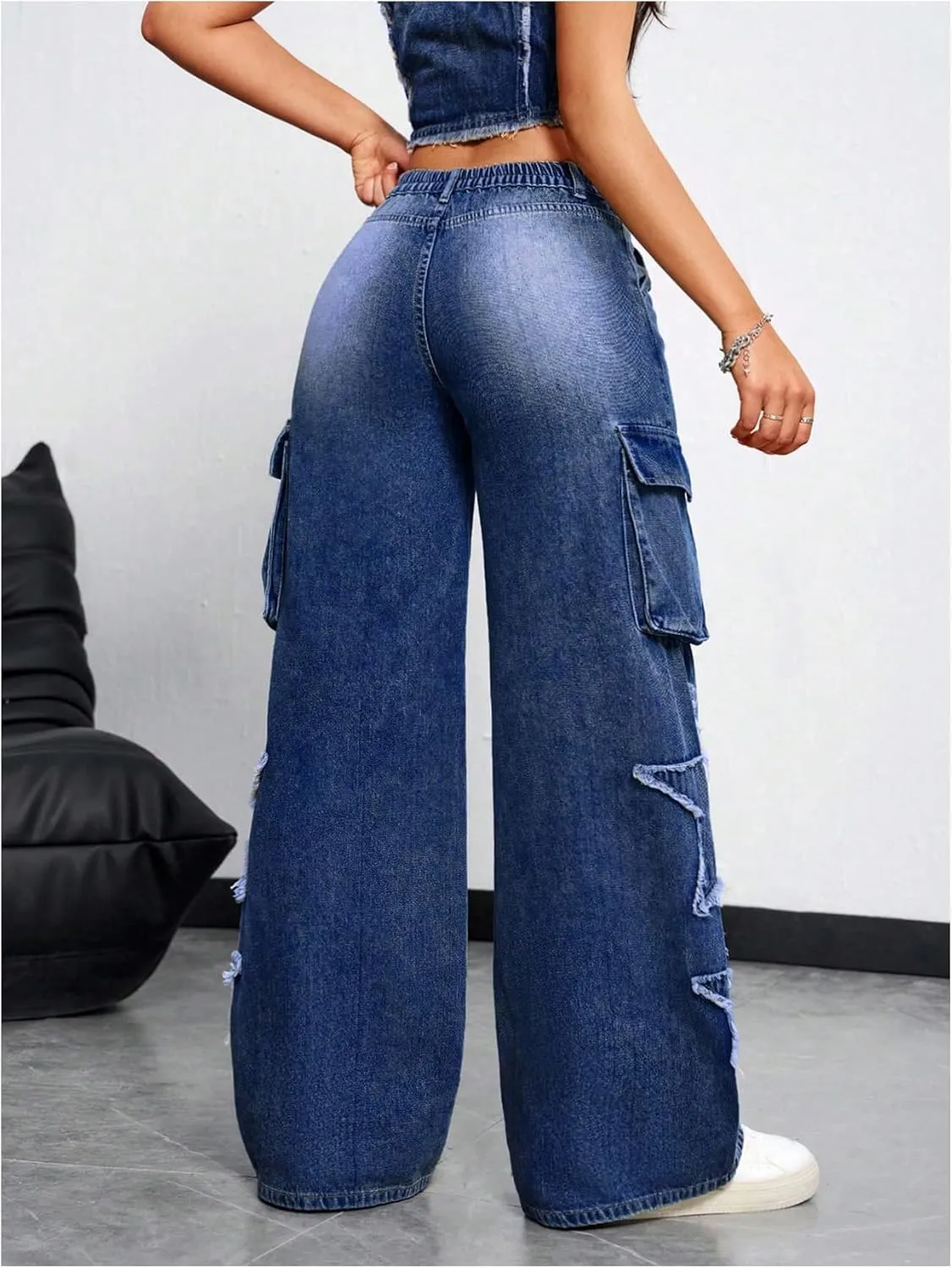 SHENHE Women's Low Waisted Wide Leg Cargo Jeans Star Denim Pants Loose Y2k Baggy Jeans Streetwear