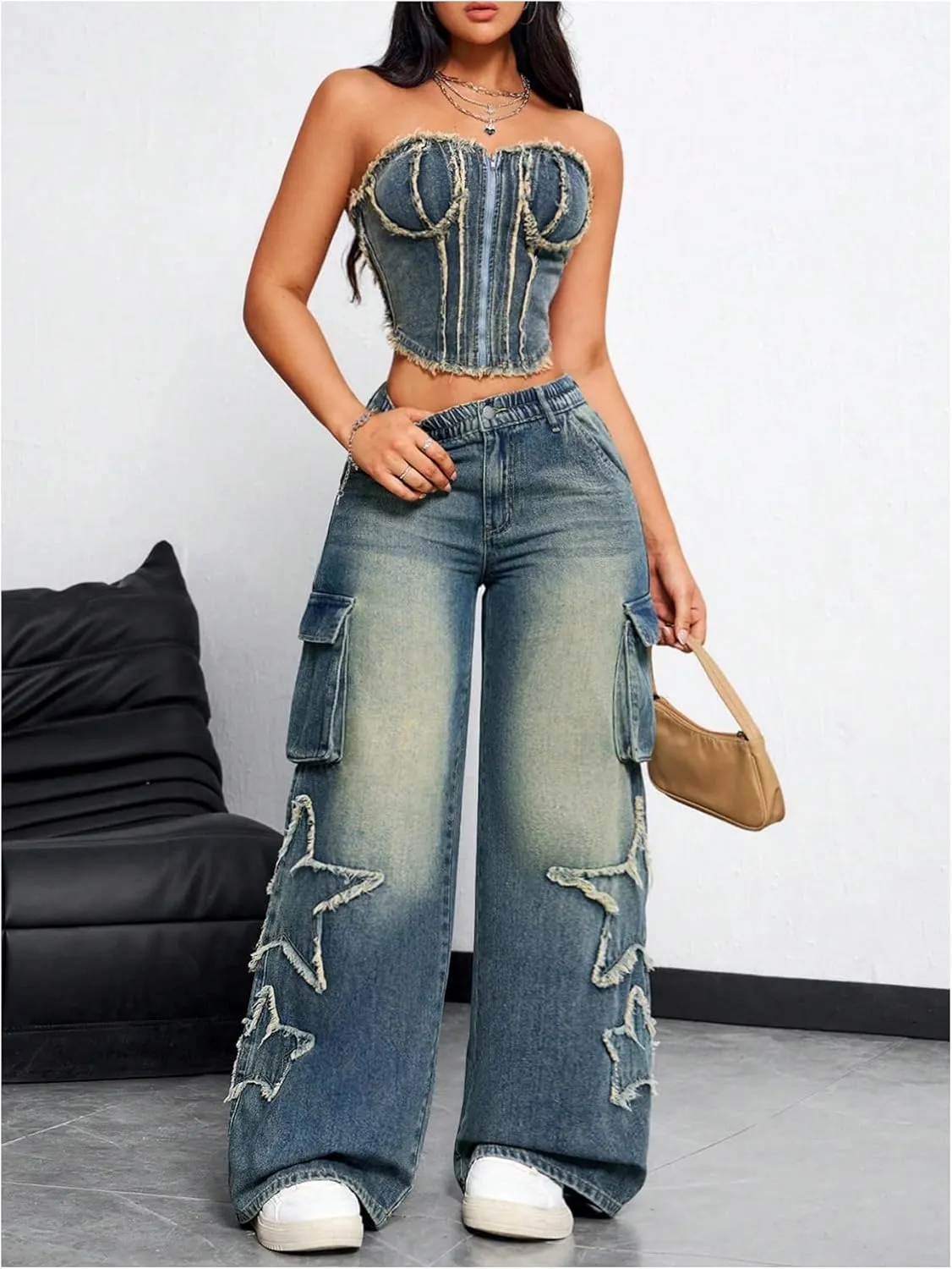 SHENHE Women's Low Waisted Wide Leg Cargo Jeans Star Denim Pants Loose Y2k Baggy Jeans Streetwear