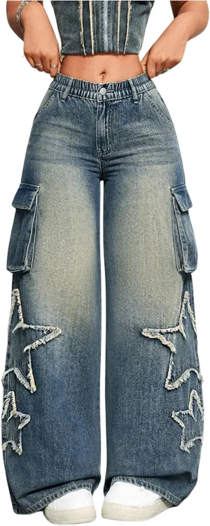SHENHE Women's Low Waisted Wide Leg Cargo Jeans Star Denim Pants Loose Y2k Baggy Jeans Streetwear