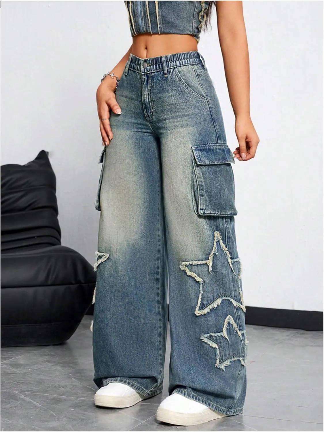 SHENHE Women's Low Waisted Wide Leg Cargo Jeans Star Denim Pants Loose Y2k Baggy Jeans Streetwear