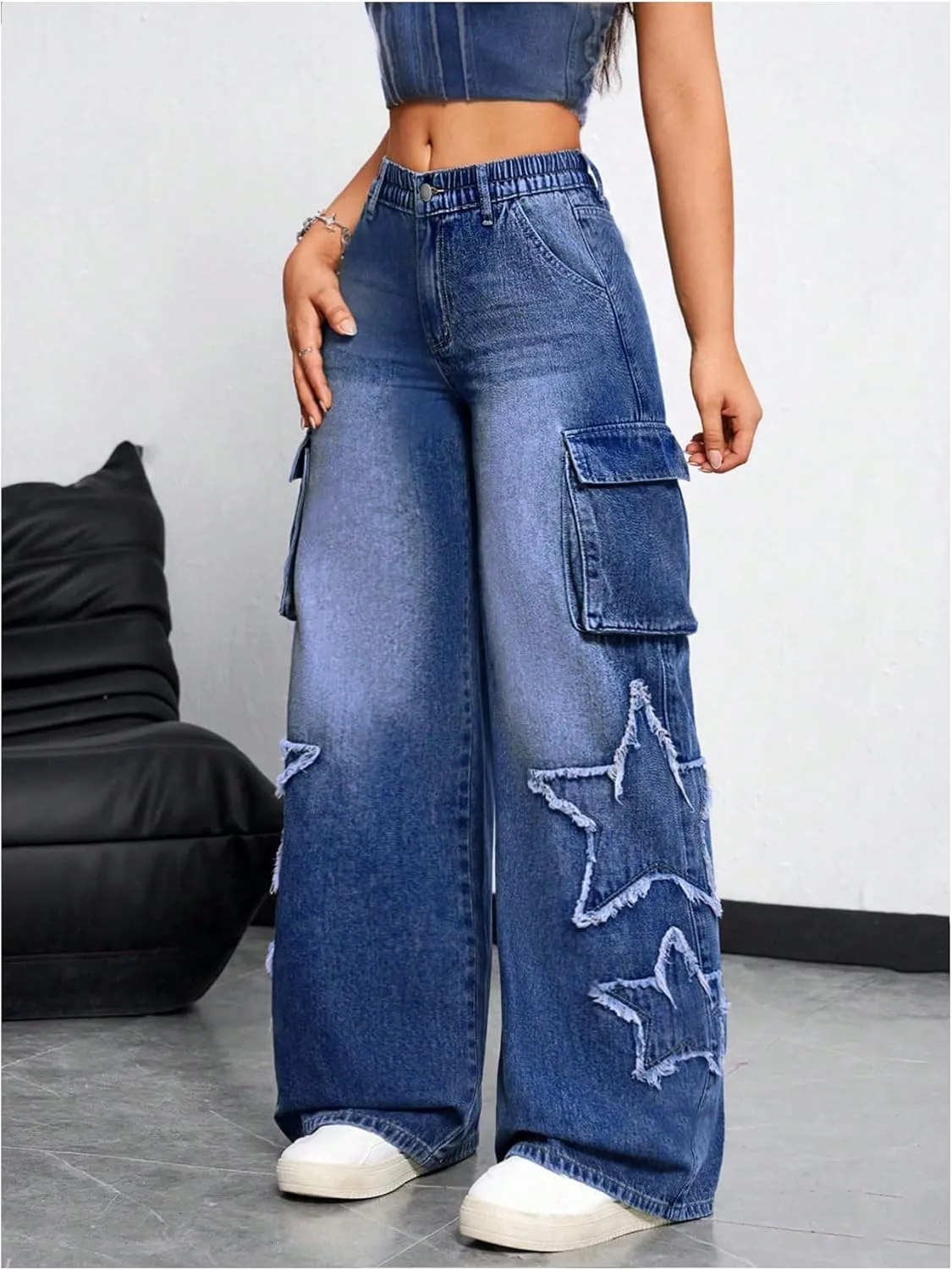 SHENHE Women's Low Waisted Wide Leg Cargo Jeans Star Denim Pants Loose Y2k Baggy Jeans Streetwear
