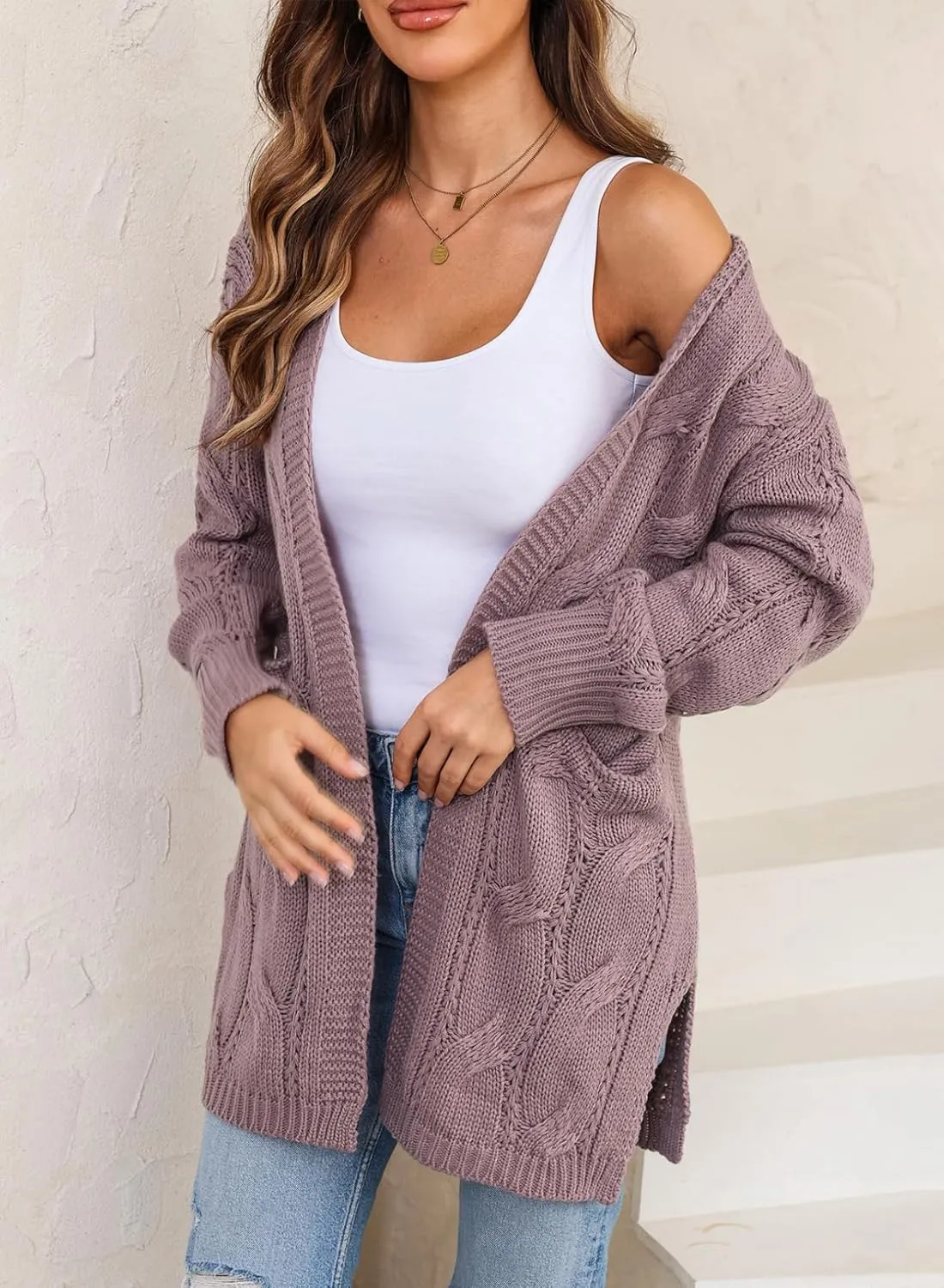 SHEWIN Women Open Front Side Slit 2024 Long Sleeve Oversized Cardigan Sweaters Knit Coats with Pockrts