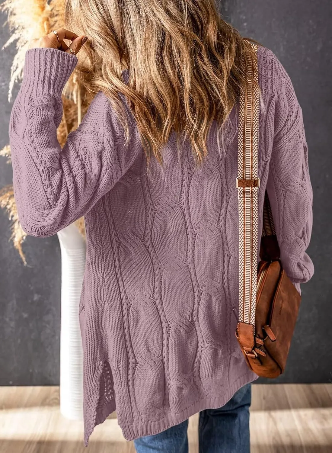 SHEWIN Women Open Front Side Slit 2024 Long Sleeve Oversized Cardigan Sweaters Knit Coats with Pockrts