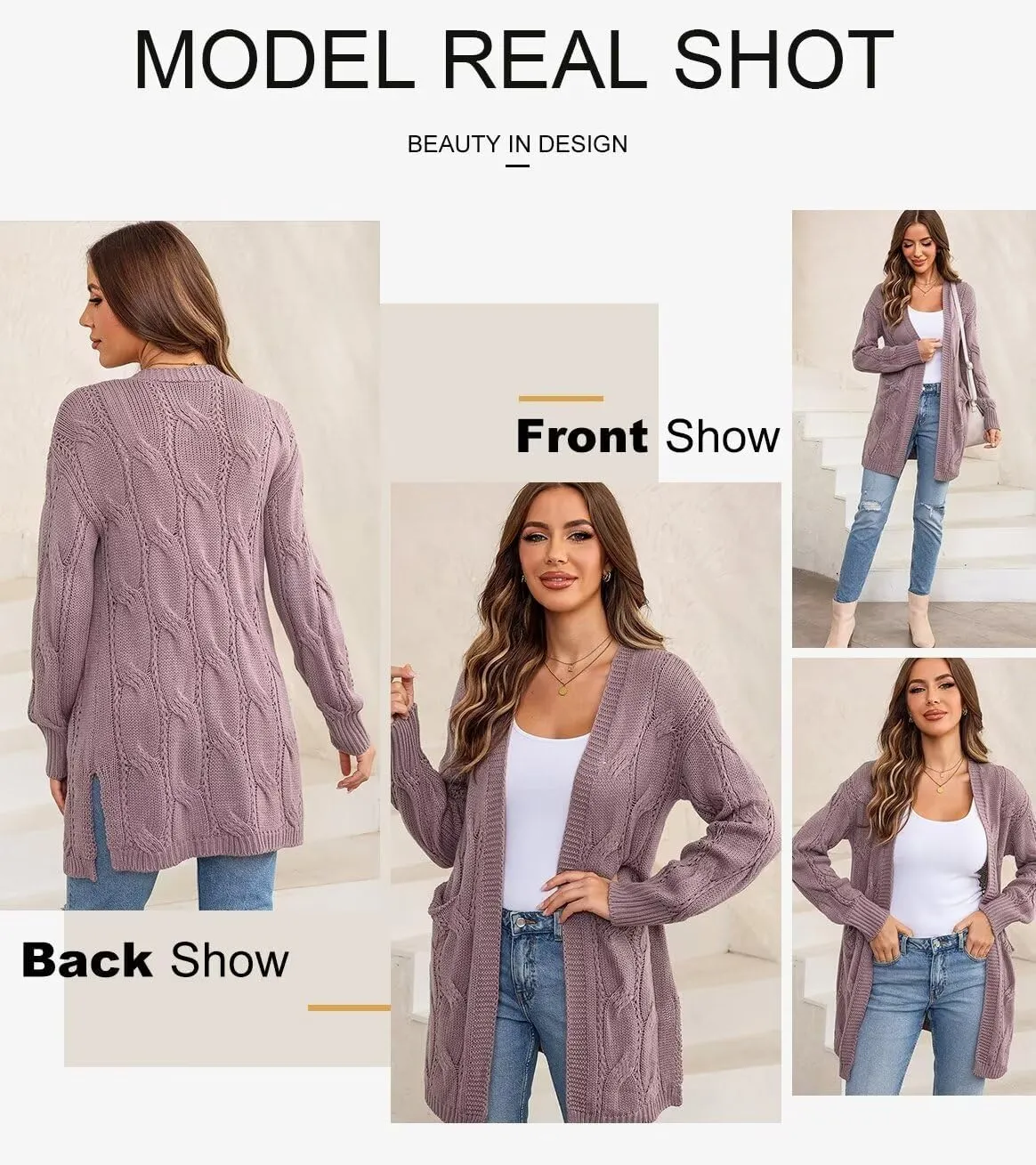 SHEWIN Women Open Front Side Slit 2024 Long Sleeve Oversized Cardigan Sweaters Knit Coats with Pockrts