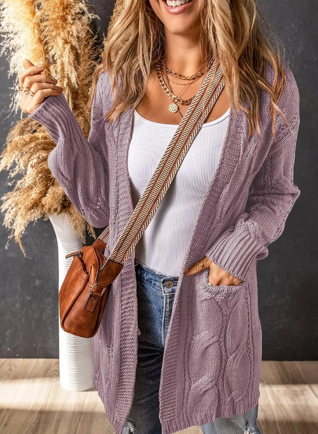 SHEWIN Women Open Front Side Slit 2024 Long Sleeve Oversized Cardigan Sweaters Knit Coats with Pockrts