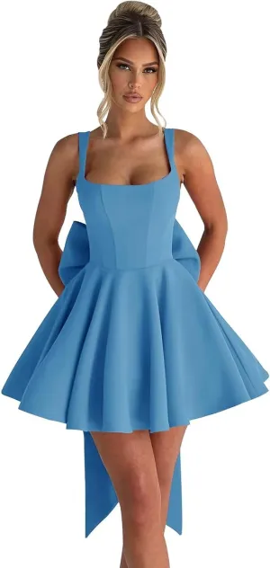 Short Satin Homecoming Dresses with Bow A Line Corset Open Back Mini Cocktail Party Gown