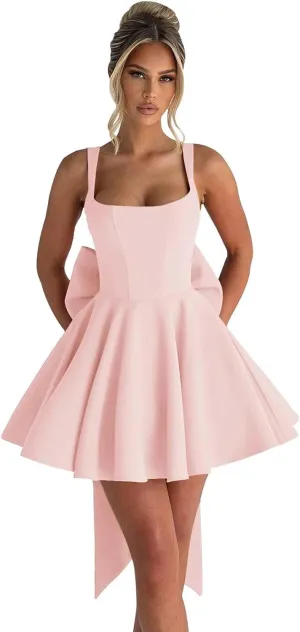 Short Satin Homecoming Dresses with Bow A Line Corset Open Back Mini Cocktail Party Gown