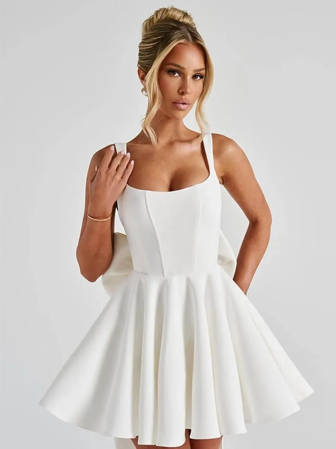 Short Satin Homecoming Dresses with Bow A Line Corset Open Back Mini Cocktail Party Gown