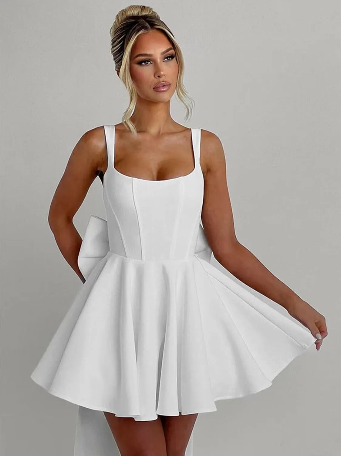Short Satin Homecoming Dresses with Bow A Line Corset Open Back Mini Cocktail Party Gown