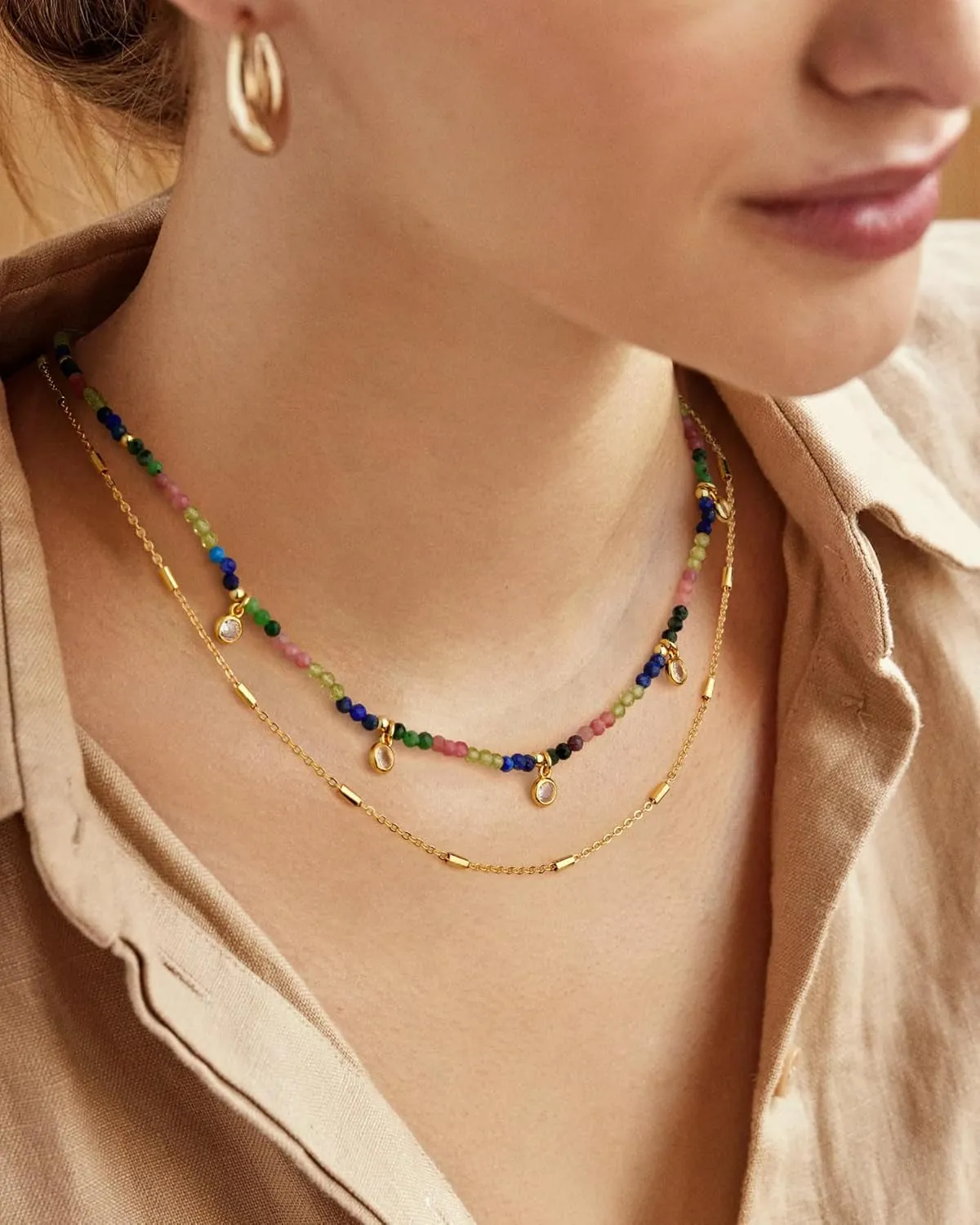 shownii Gold Necklaces for Women Beaded Necklace 14k Gold Plated Dainty Necklace Layered Choker Necklaces for Women Trendy Gold Necklace Jewelry Gifts for Women