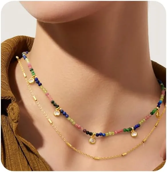 shownii Gold Necklaces for Women Beaded Necklace 14k Gold Plated Dainty Necklace Layered Choker Necklaces for Women Trendy Gold Necklace Jewelry Gifts for Women